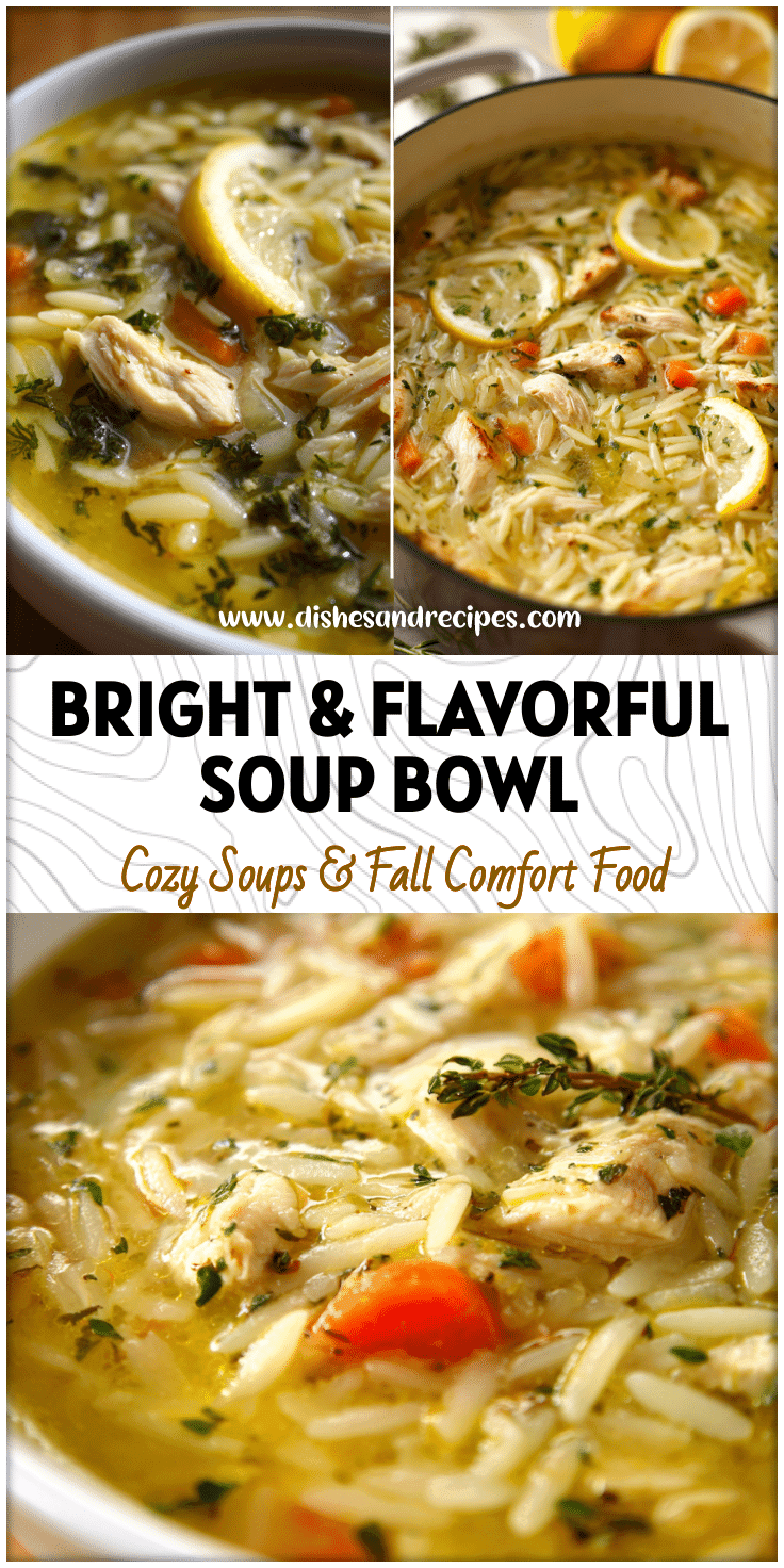 Golden Lemon Chicken Orzo Soup topped with herbs, showcasing a hearty Homemade Soup Recipe look.